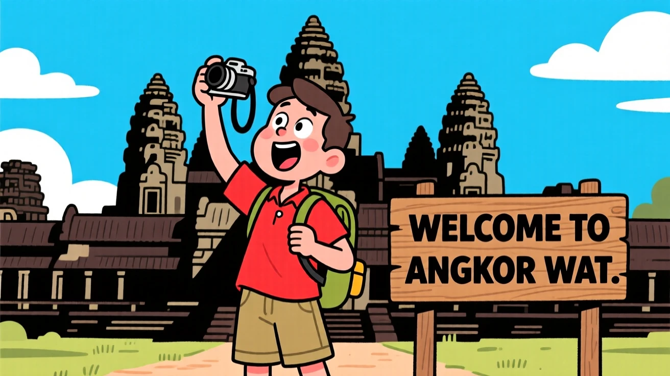 An iconic travel scene featuring a traveler exploring an ancient temple in Angkor Wat, camera raised in awe.