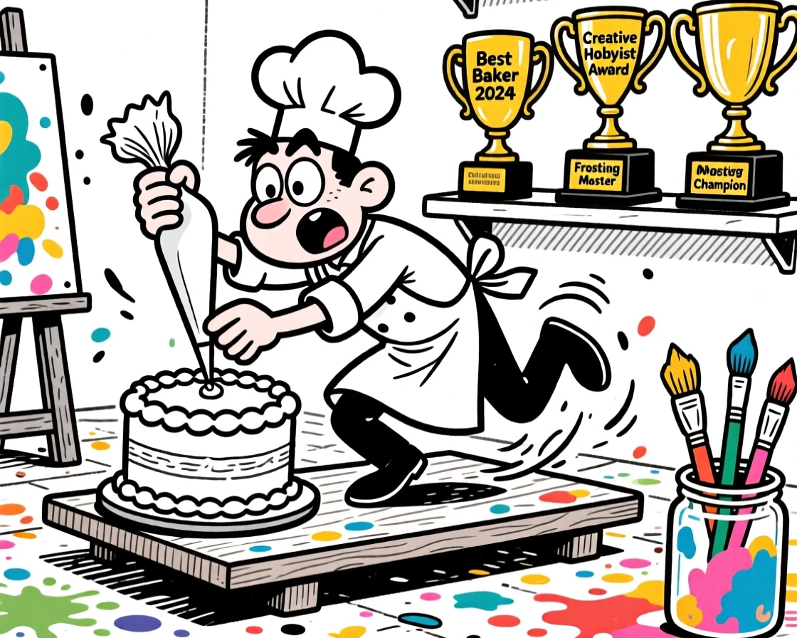 A baker piping frosting with surgeon-like precision, tumbling comically off the board, set in an art studio splashed with color. A trophy shelf gleams in the background. The image is a playful ode to hobbies people truly love.