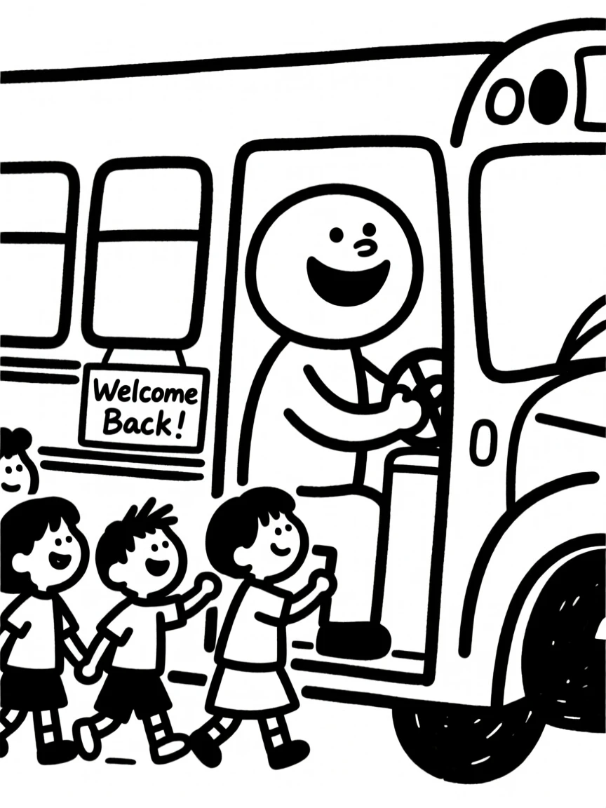 A school bus driver waving cheerfully at kids boarding the bus on the first day of school.