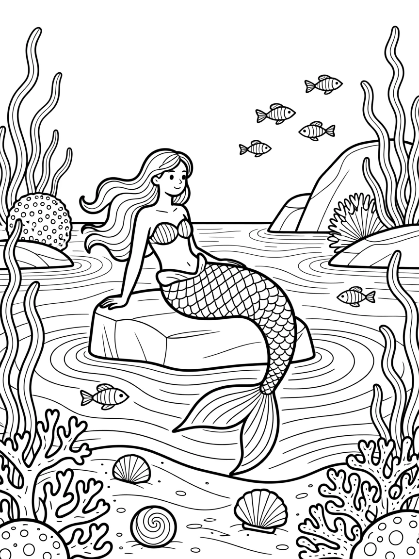 A mermaid lagoon surrounded by glowing coral, with swirling sand and drifting seaweed.