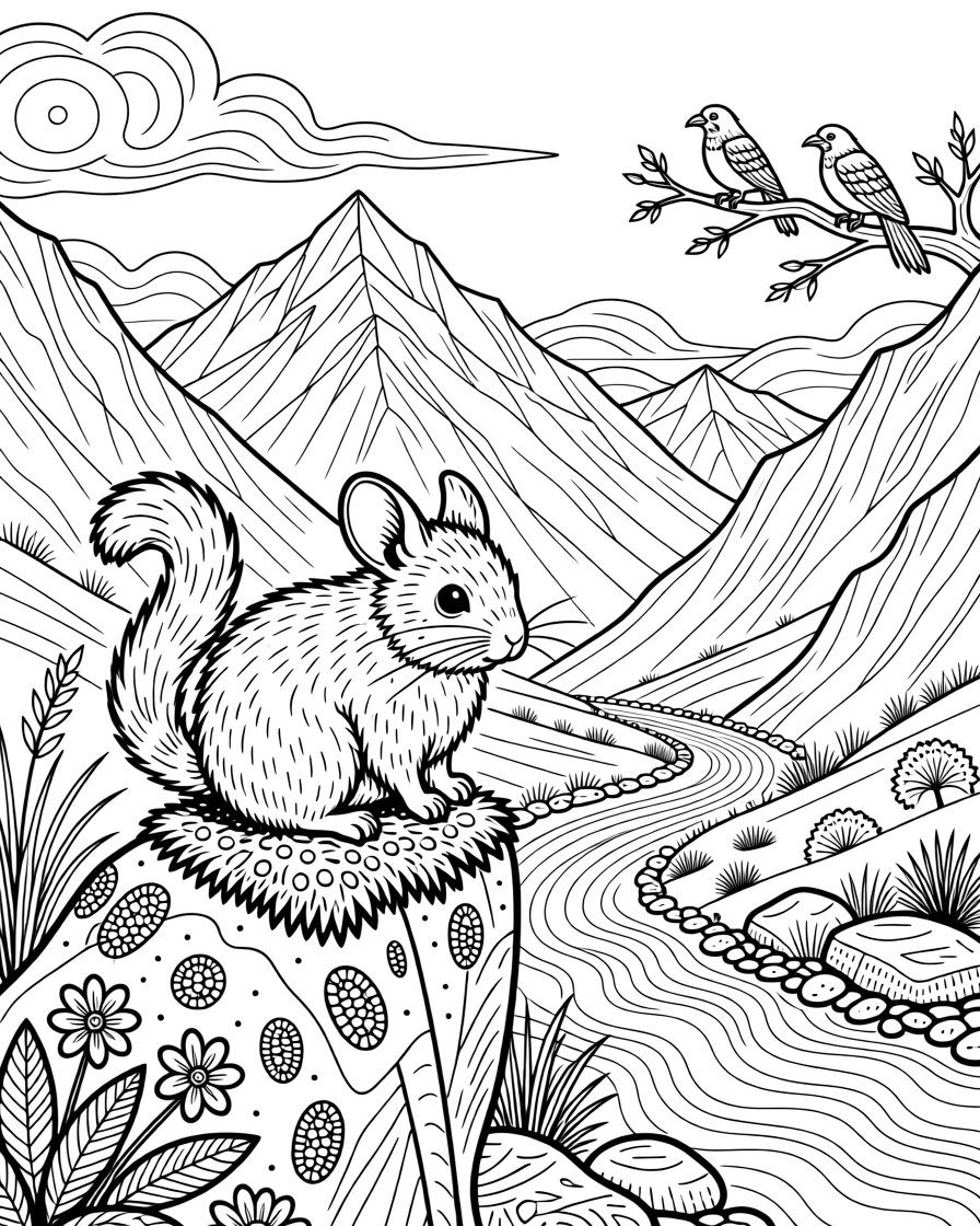 A chinchilla perched on a mossy rock in an Andean landscape.