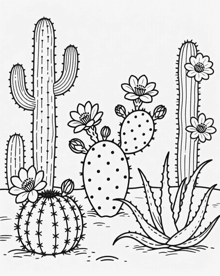 A cactus garden with several varieties in bloom