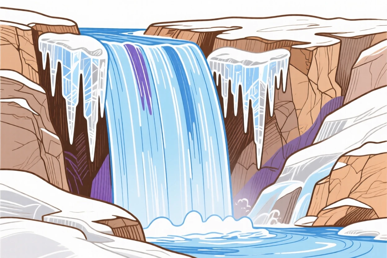 A frozen waterfall encased in icicles.
