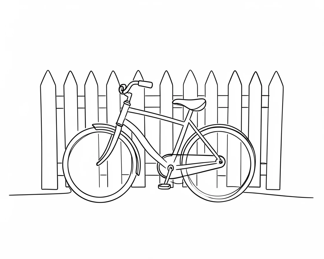 A child's bicycle leaning against a white picket fence