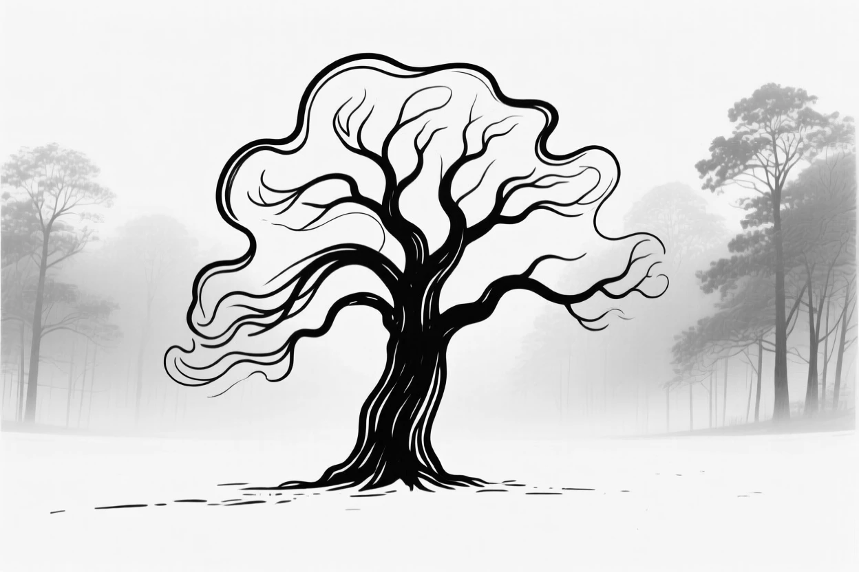 A misty forest clearing with a single ancient oak tree standing at its center.