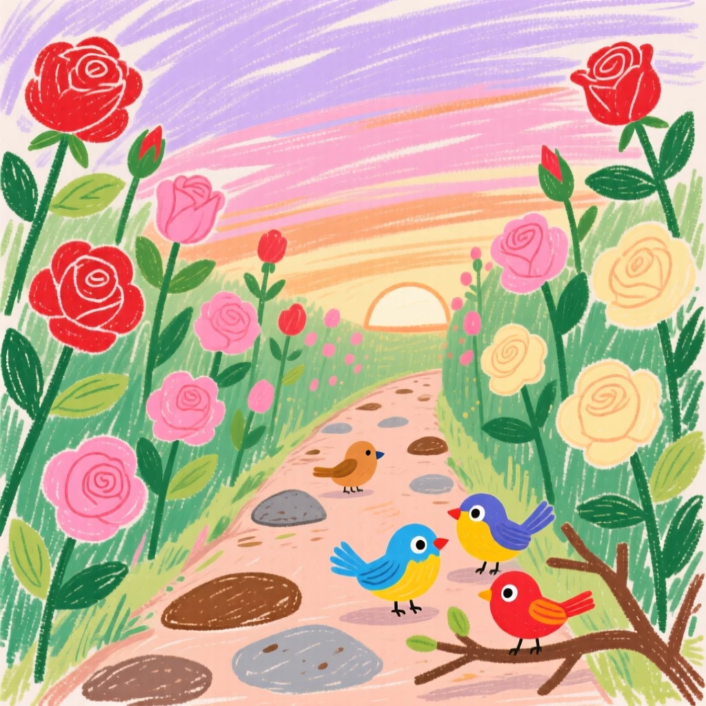 A view of a garden path lined with roses with birds gathering nearby at dawn.
