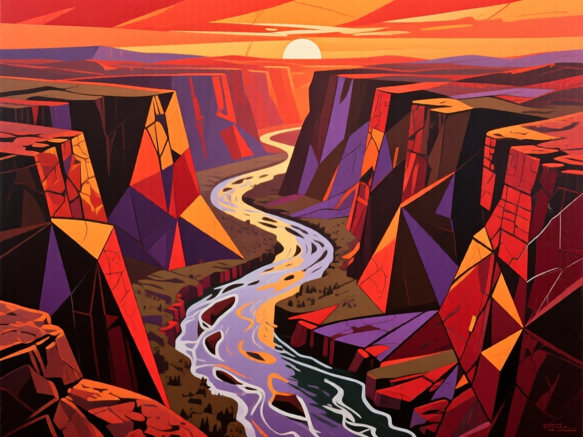 A vast canyon carved by a winding river, glowing red and orange at sunset.