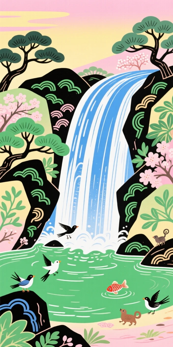 A sweeping view of a cascading waterfall dropping into a green pool in the soft light of early spring.