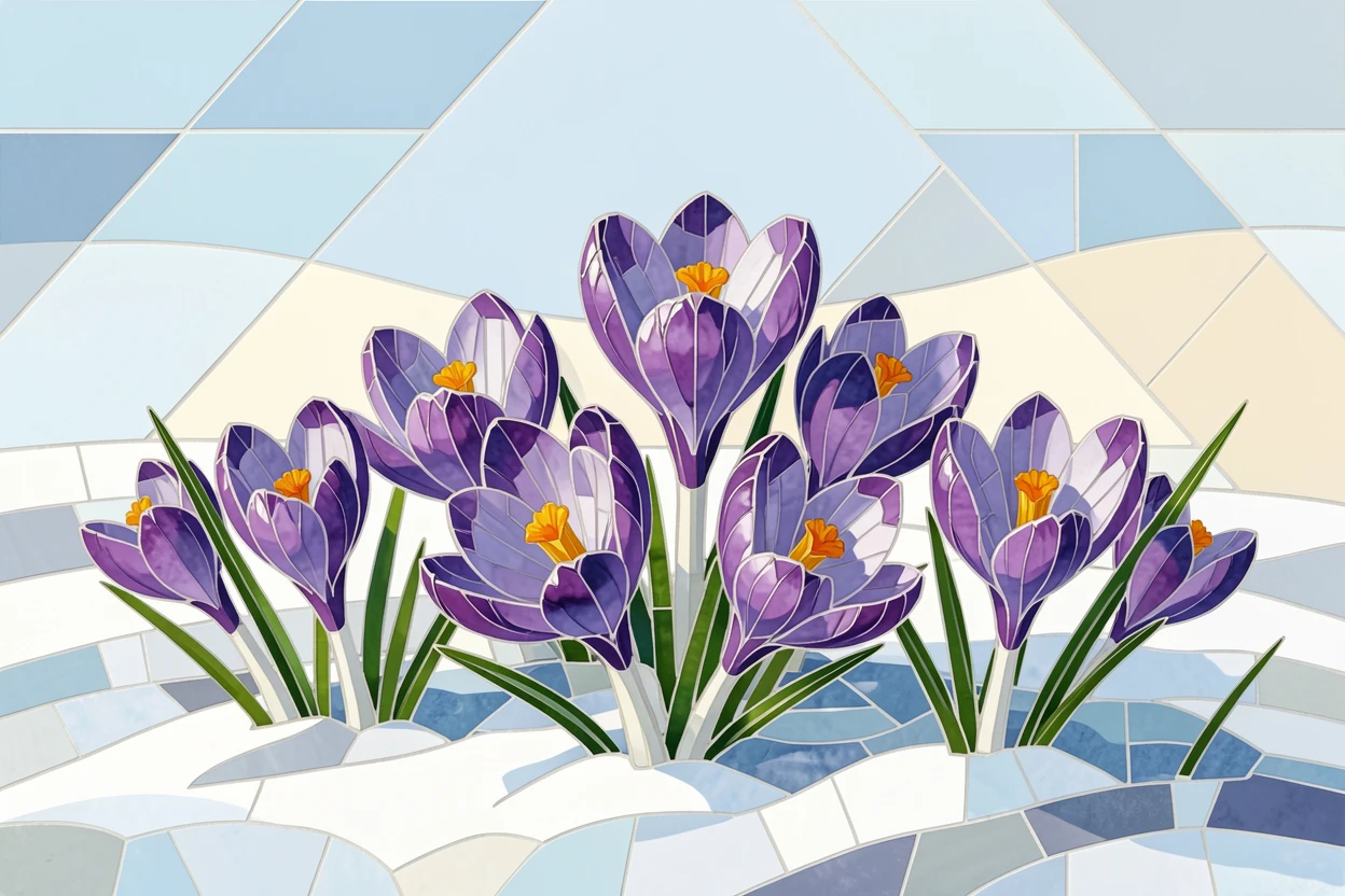 A meadow of purple crocuses pushing through late winter snow.