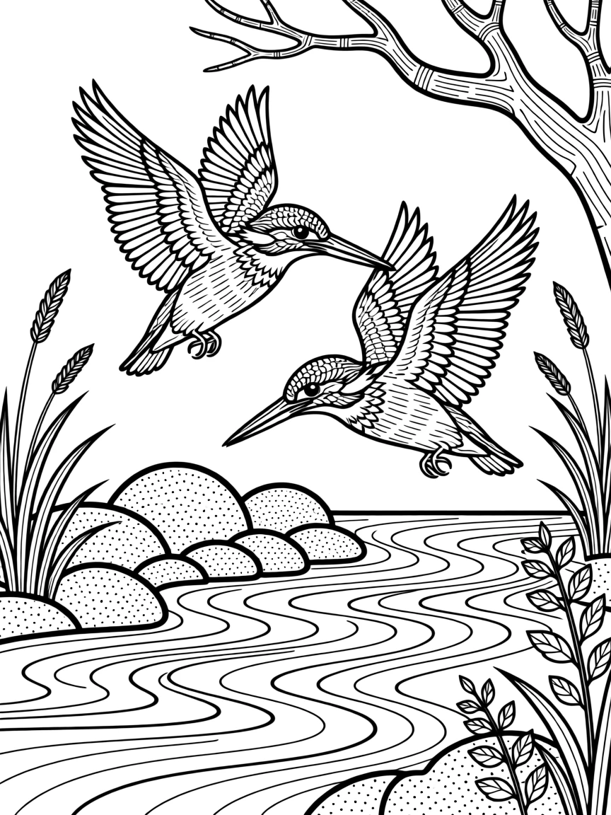 A pair of kingfishers diving toward a rippling stream.