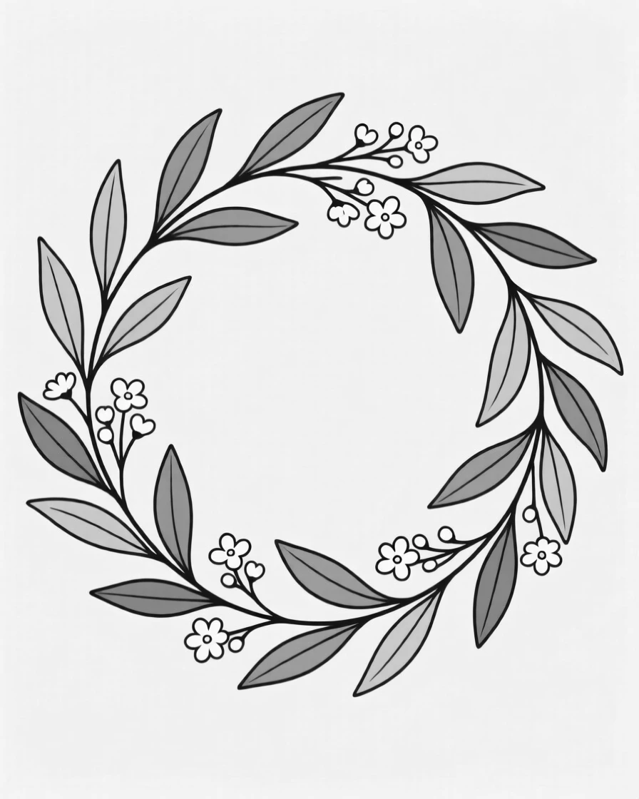 A wreath of eucalyptus leaves and small white flowers