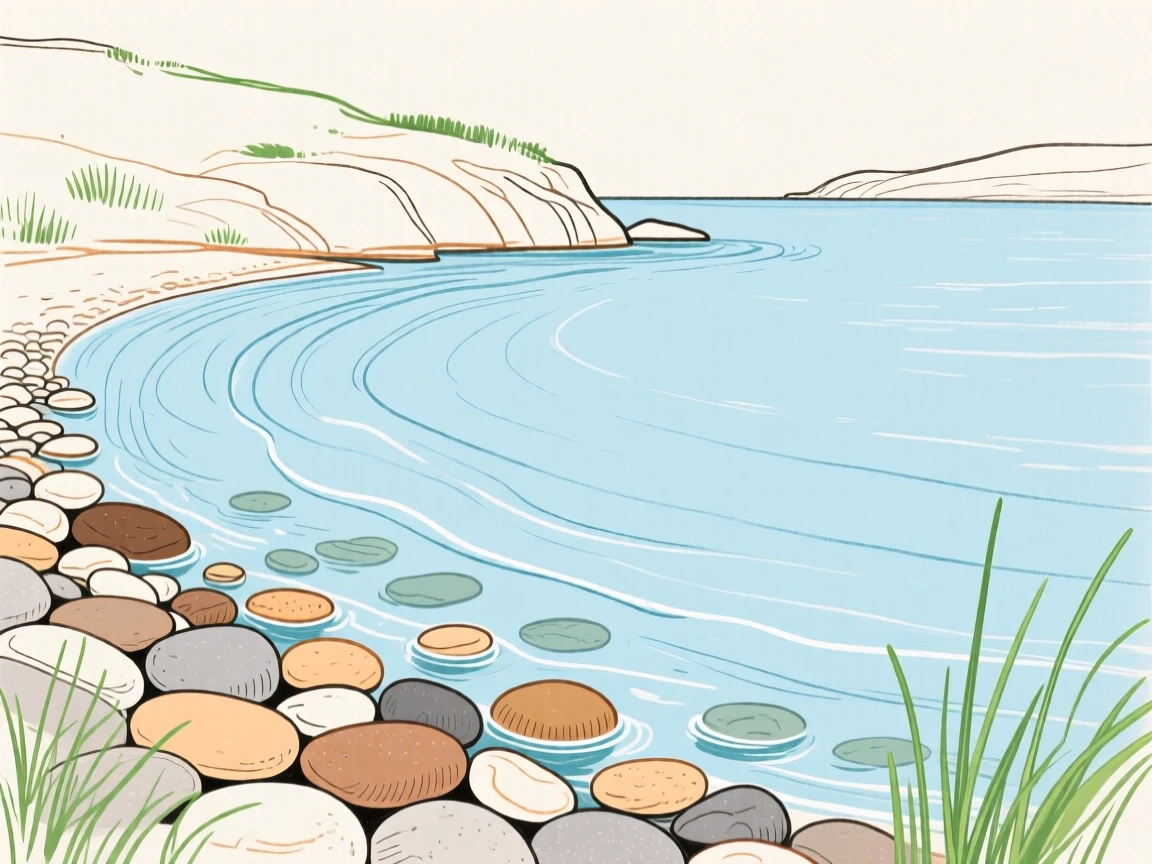 A quiet cove with clear water and smooth pebbles.