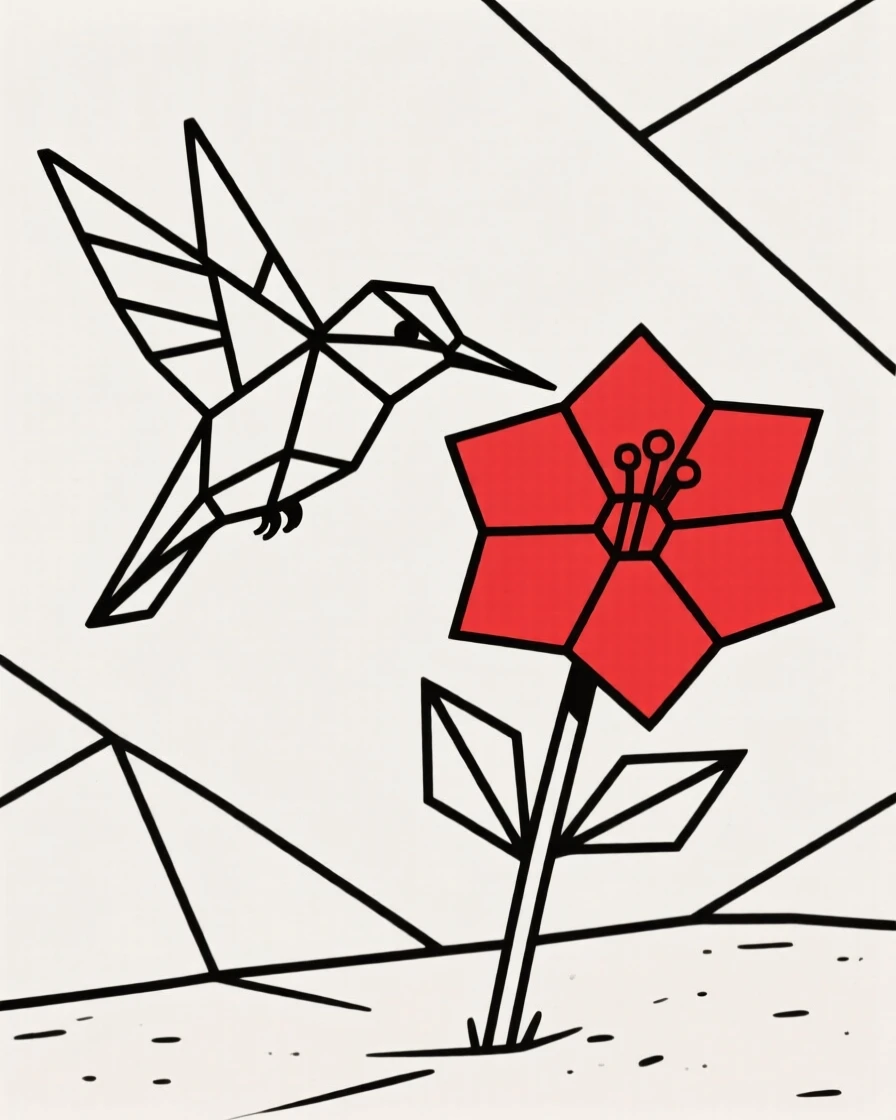 A hummingbird hovering beside a bright red flower
