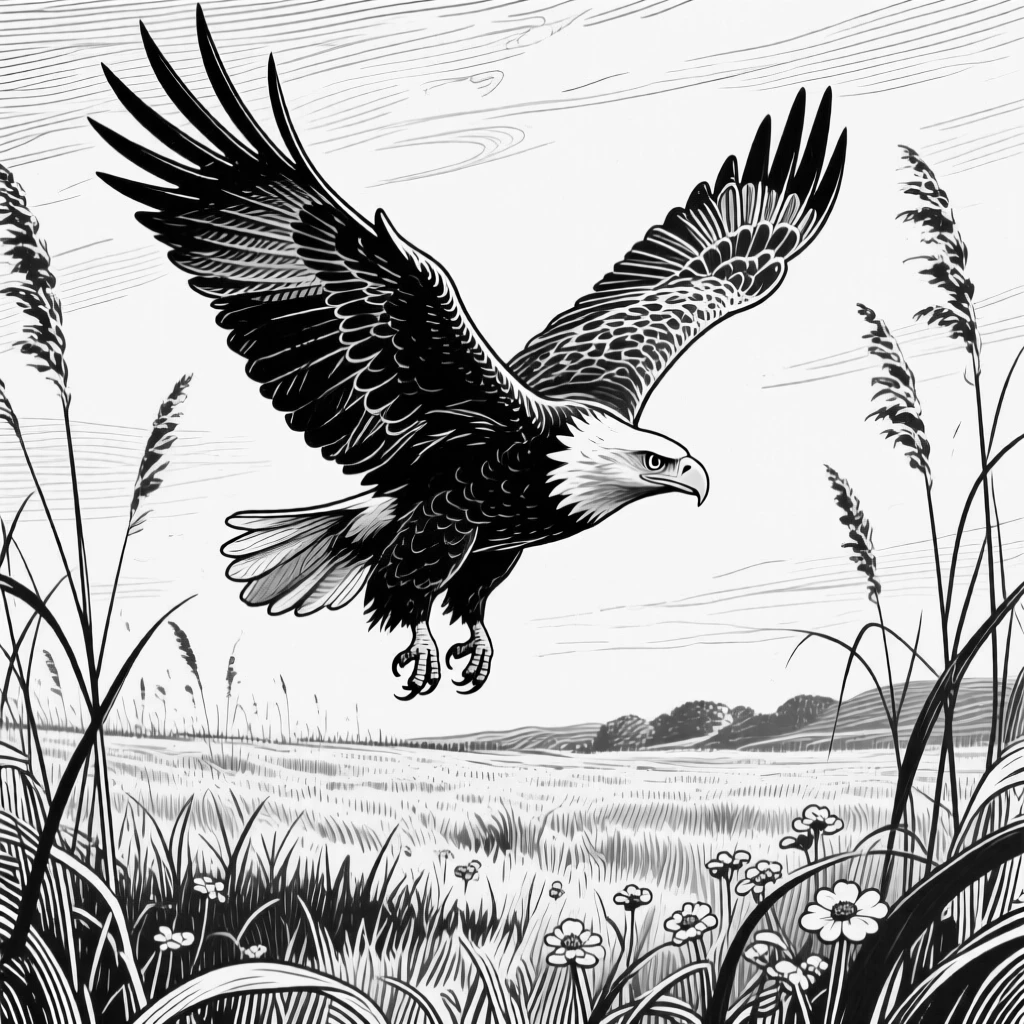 A soaring bald eagle in a sunlit meadow, framed by tall reeds, capturing a mysterious and alert moment in nature with a strong, centered focal point.
