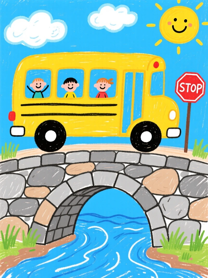 A big yellow school bus crossing an old stone bridge.