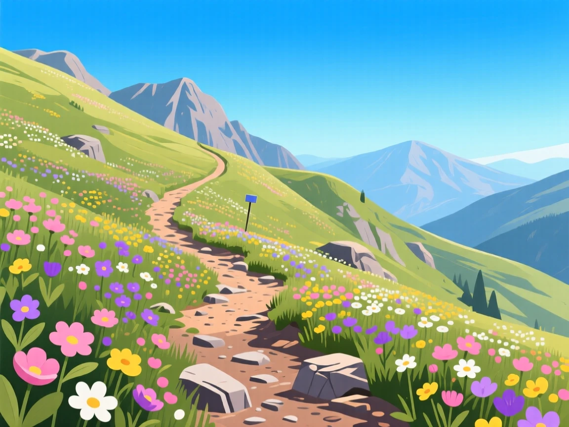 A rugged mountain trail winding through wildflower slopes, beneath a vivid blue midday sky, arranged with layered depth creating a sense of vastness, with delicate textures visible in every leaf and petal.