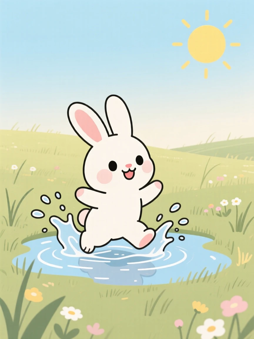 A playful rabbit splashing in a puddle in a sunny meadow.