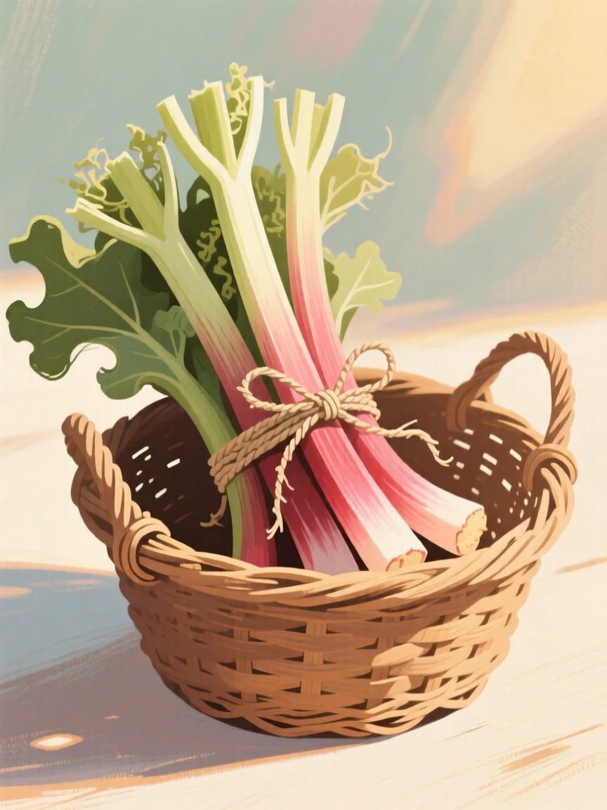 A basket of freshly cut rhubarb stalks tied with string