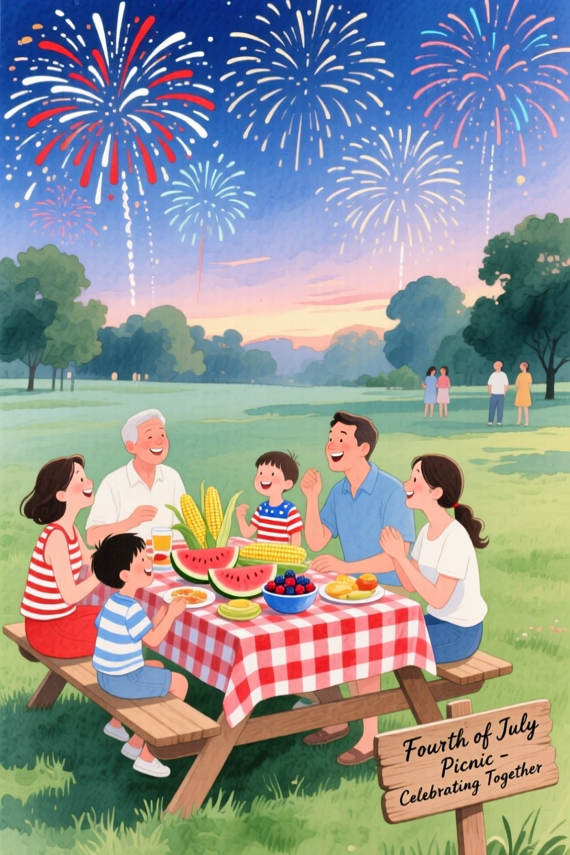 A joyful scene of a summer Fourth of July picnic, beneath a sky full of fireworks, capturing the warmth of the celebration