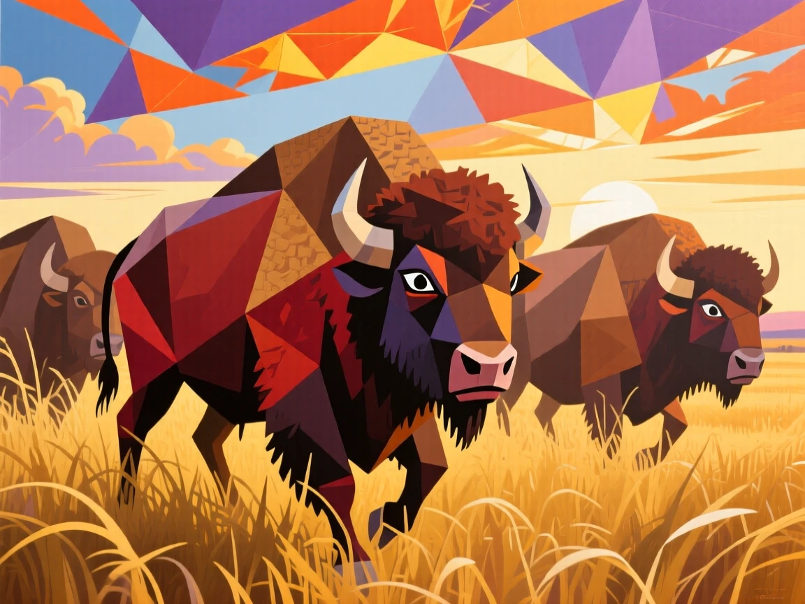 A striking view of a bison herd emerging from tall golden grass at dawn beneath a dramatic sky.