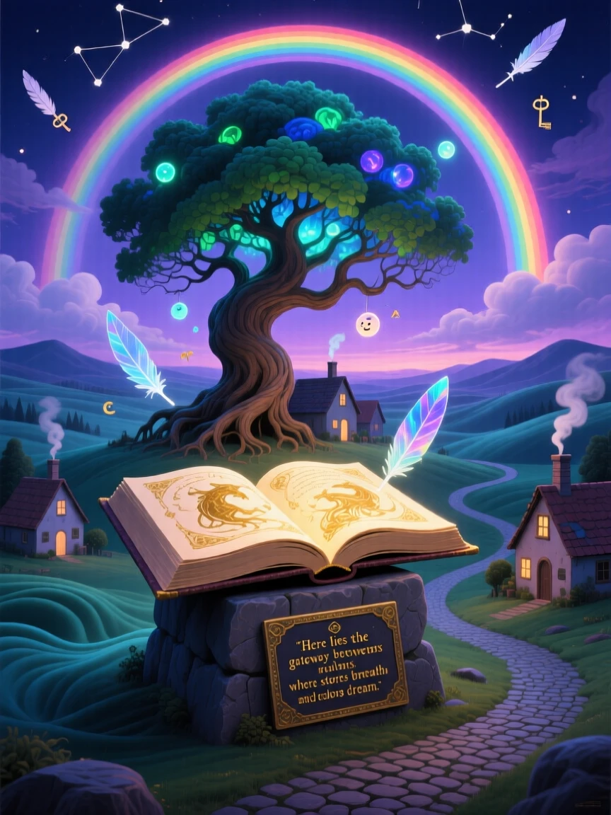 A rainbow that arcs directly into the open pages of a book unfolds gradually above a small, sleeping village, while a single tree stands untouched at the center of it all.