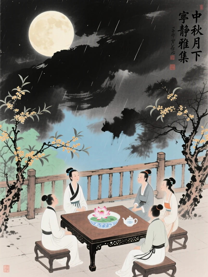 A moon viewing gathering on a garden terrace during the mid autumn festival, filled with tranquil stillness, under clearing skies after a storm.