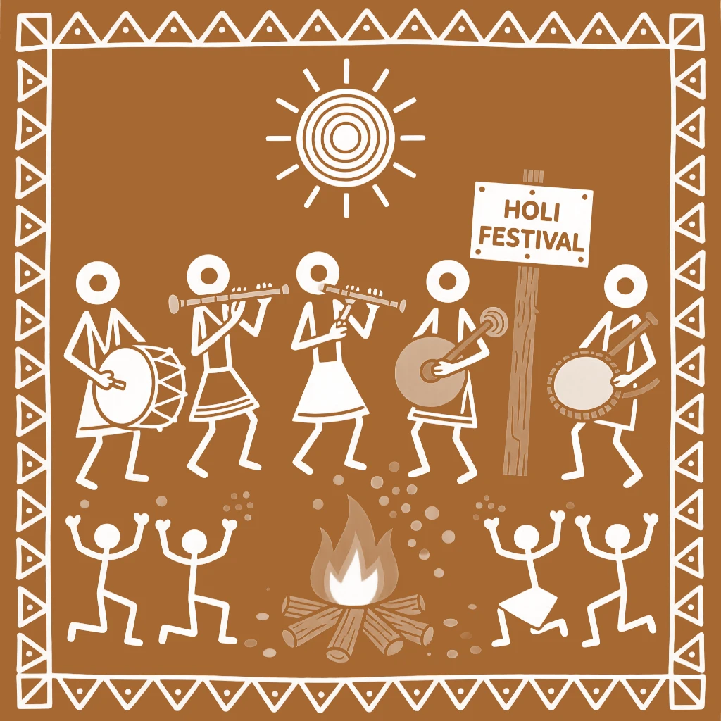 Holi celebrated as musicians play traditional instruments together.