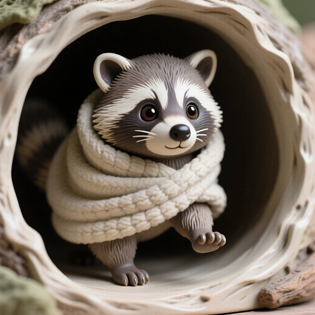 A round-faced baby raccoon peeking from a hollow caught mid-wobble in a first clumsy step, wrapped snugly in a soft cozy blanket, evoking pure, heartwarming sweetness.