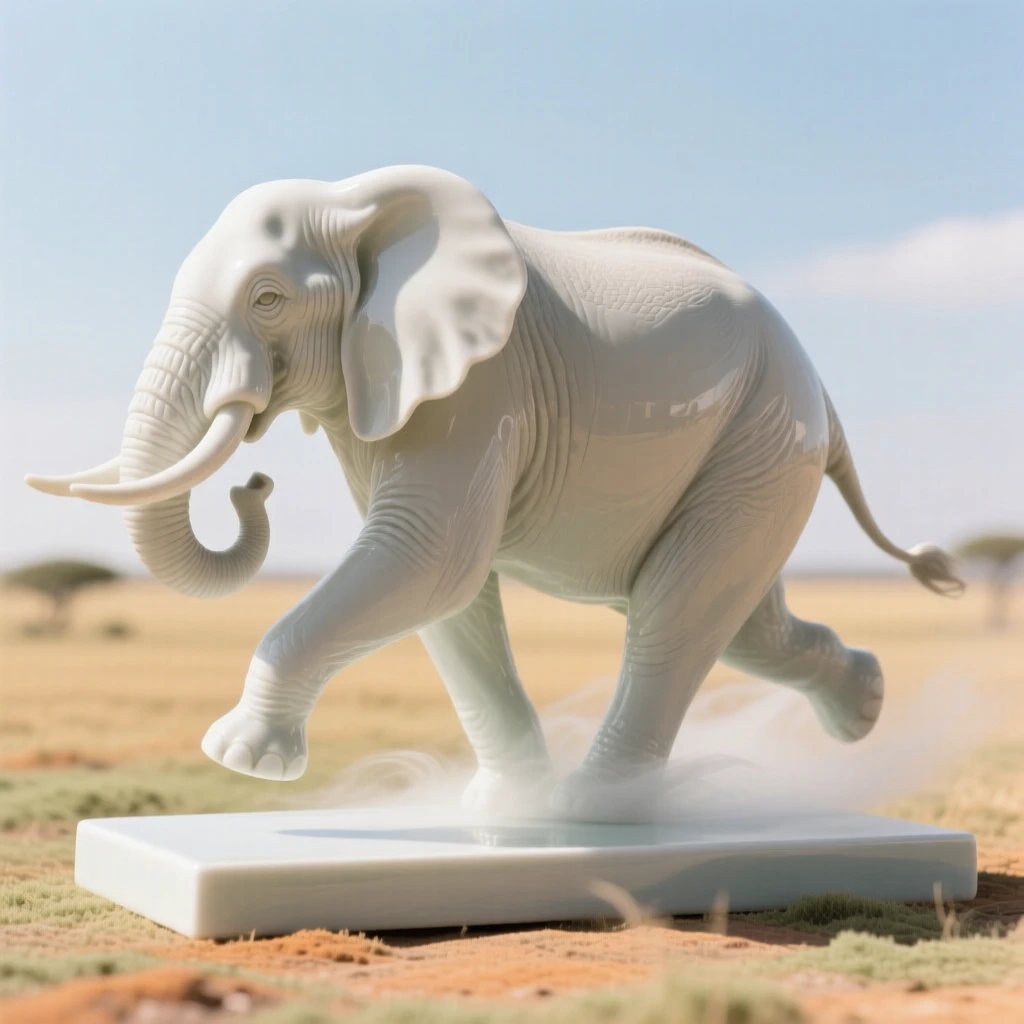 A proud elephant running freely across an open plain in a sun-drenched savanna, mist curling around its legs.