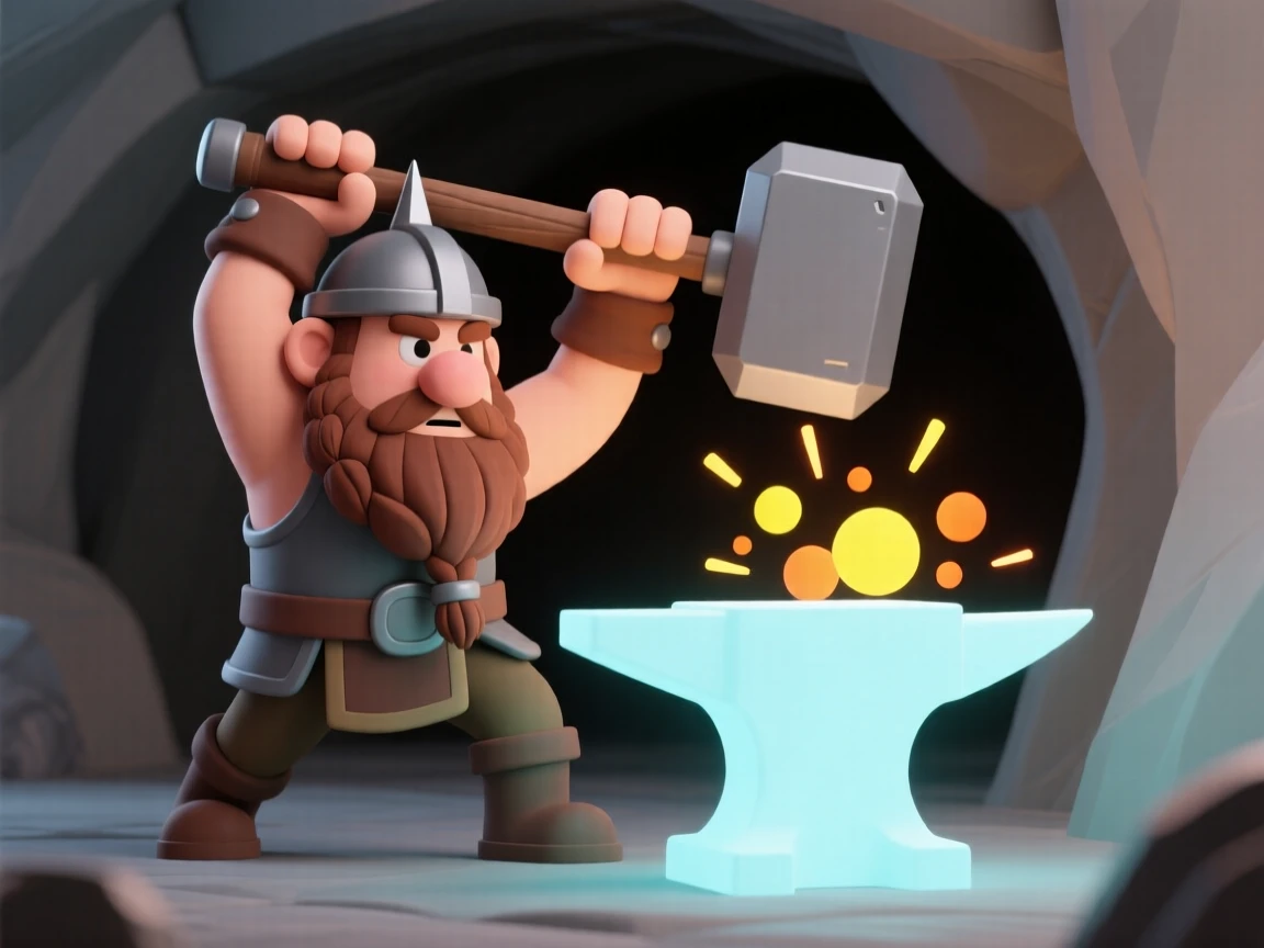 A brave dwarf warrior swings a mighty war hammer, sparks flying as it strikes a glowing anvil deep underground.