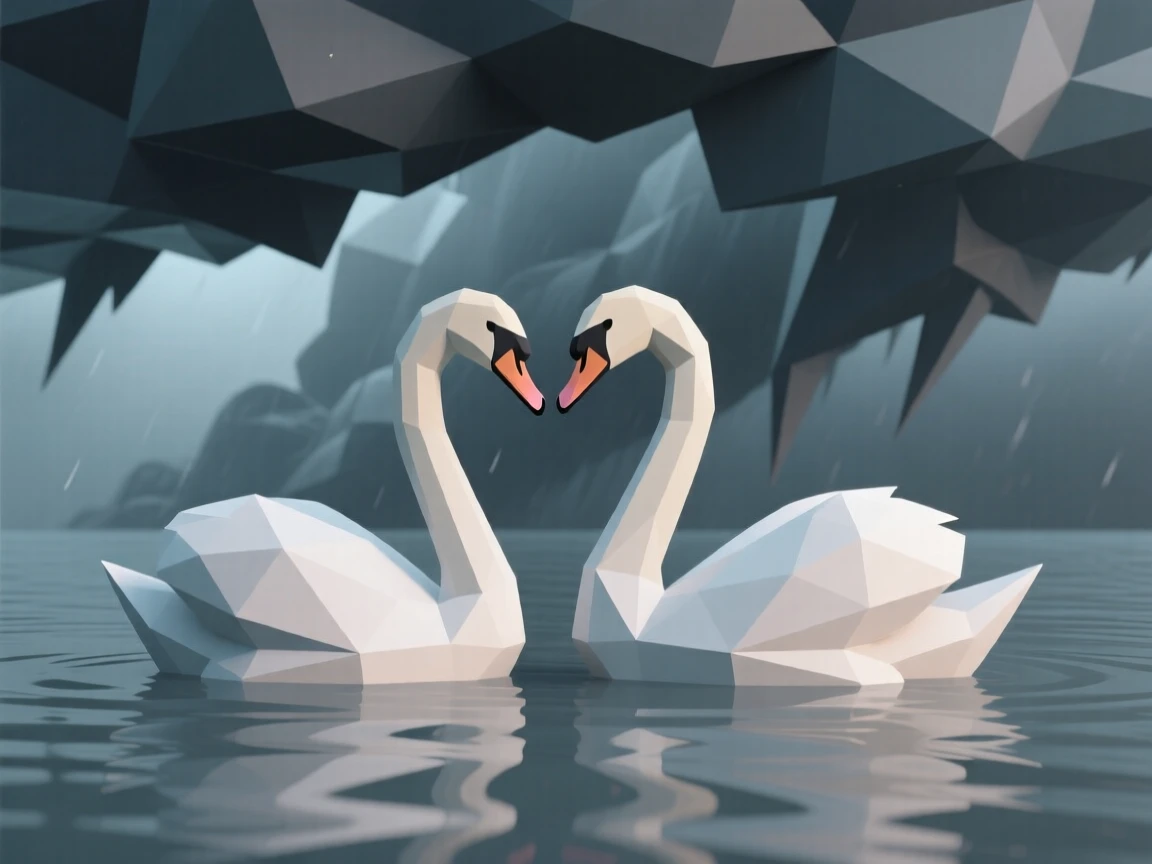 A pair of swans gliding across still water, against a dramatic stormy sky. the framing draws the eye directly to its gaze. A feeling of serenity washes over the moment.