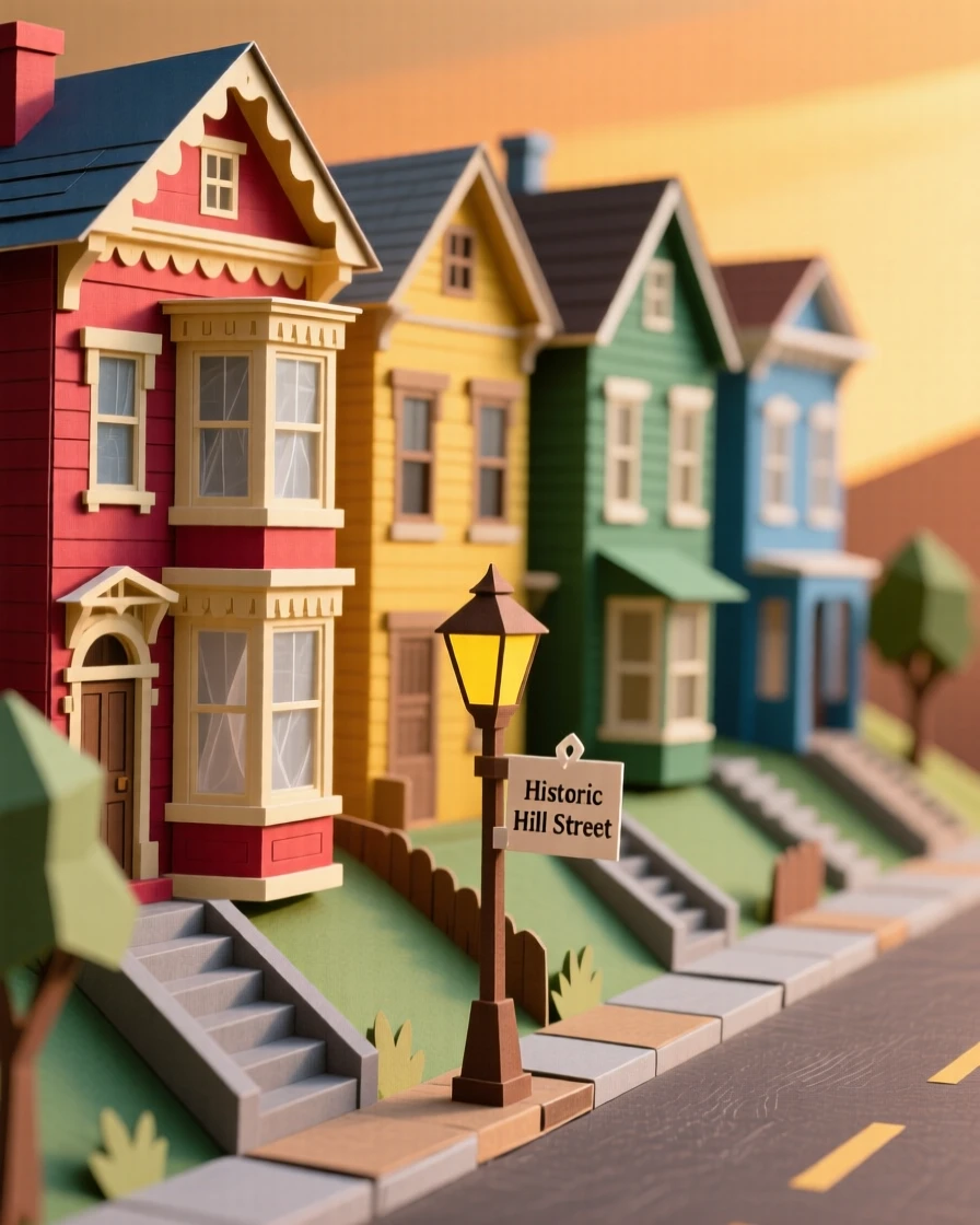 A colorful row of Victorian townhouses lining a hillside street, ornate trim and bay windows catching the late afternoon sun, evoking historic charm.