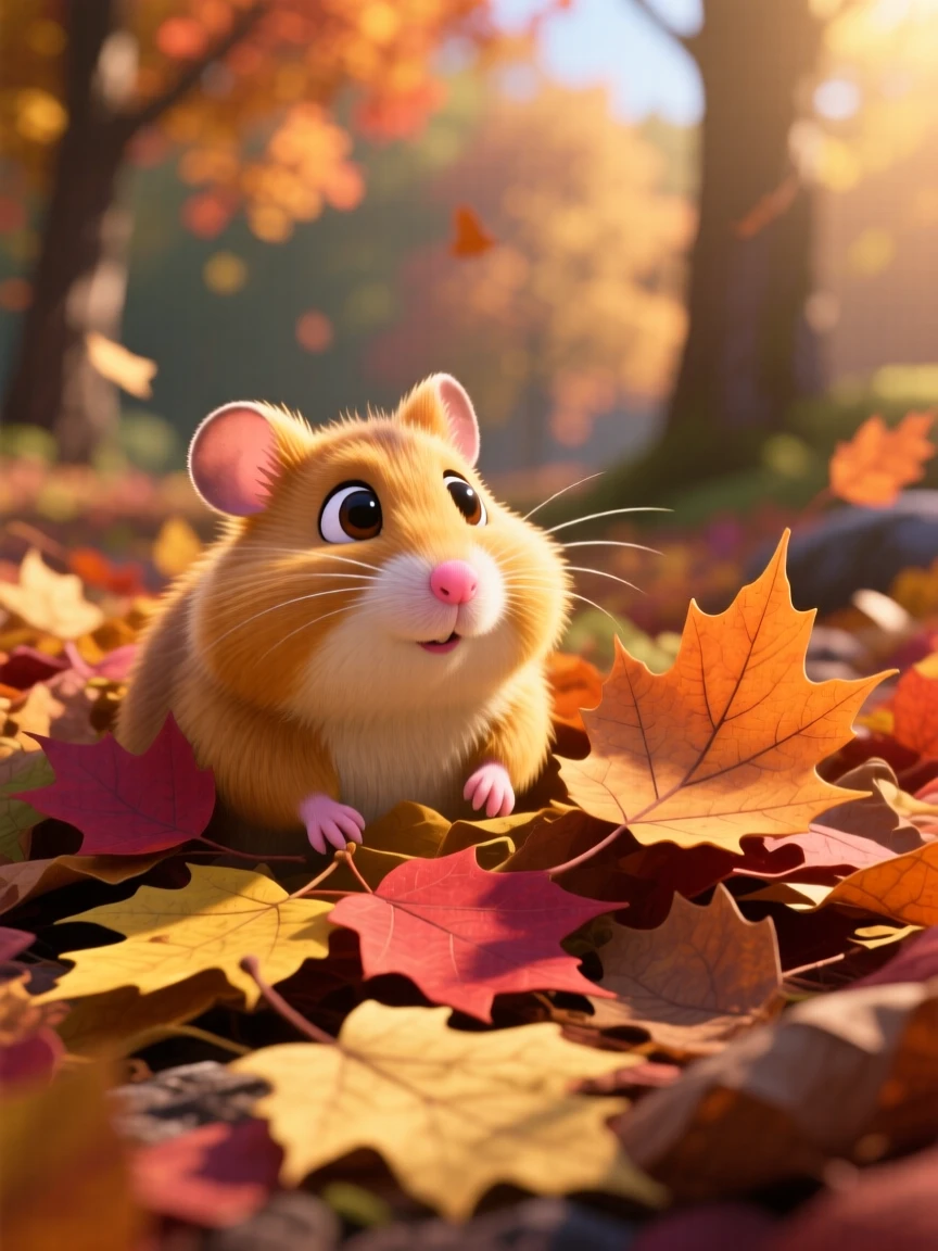 A golden hamster is peeking out from a pile of autumn leaves, tilting its head curiously. The mood is soft, tender, and endearing, with a single fallen leaf beside it.