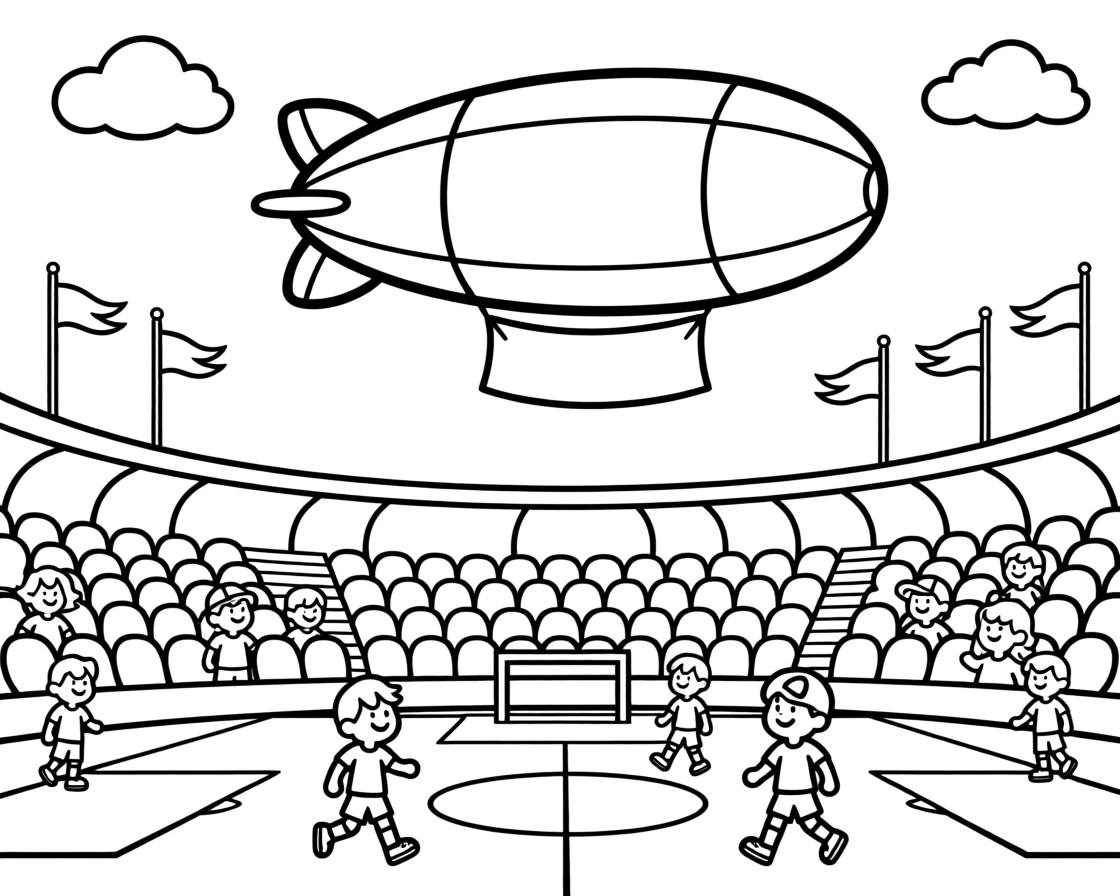 A blimp floating above a stadium during a game