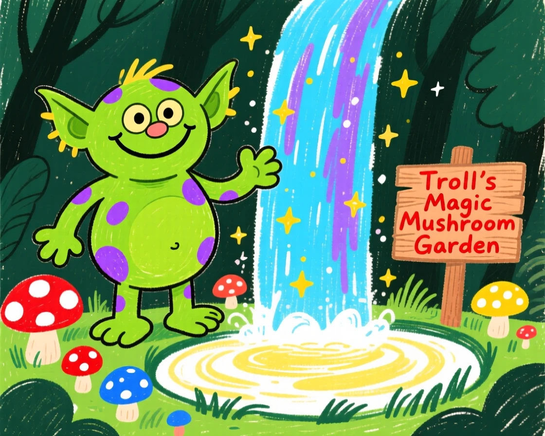 A friendly forest troll tending mushrooms beside a glowing magical waterfall.