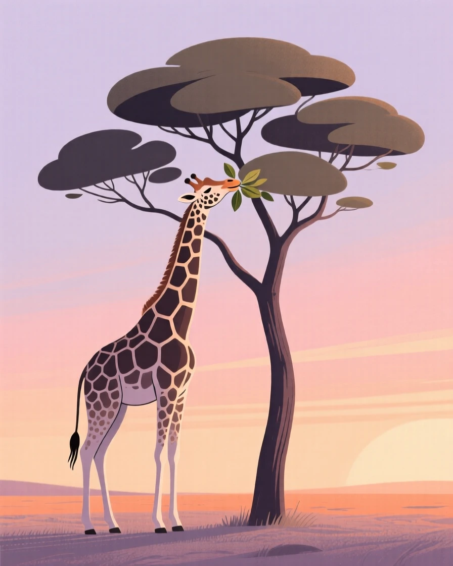 A giraffe reaching up to eat leaves from a tall acacia tree at sunset.