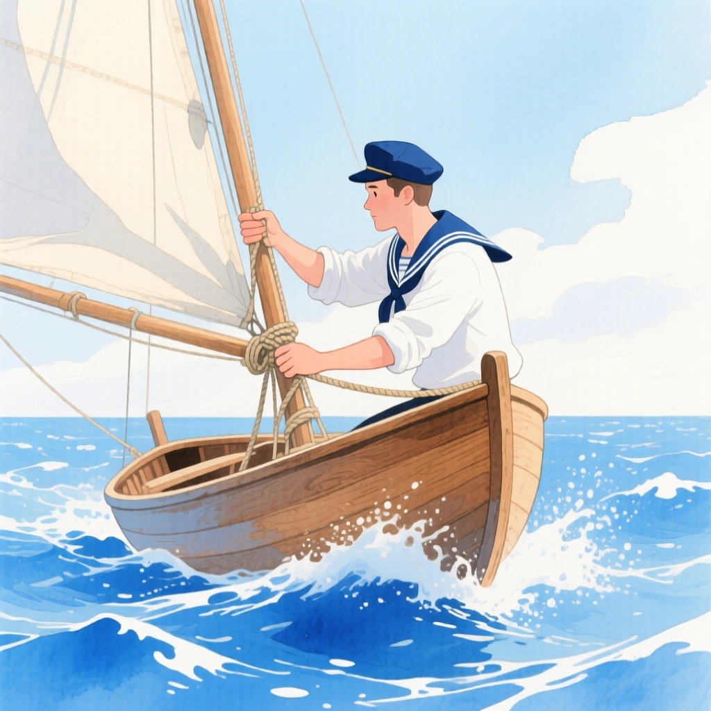 A sailor adjusts the sails of a small boat as it cuts through sparkling blue ocean waves