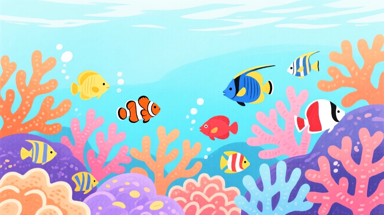 A vivid scene of a coral reef bustling with tropical fish.