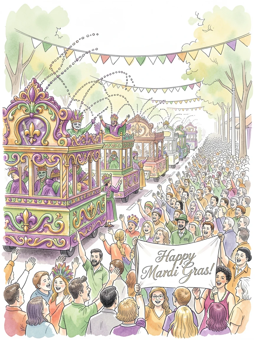 A Mardi Gras parade with colorful floats and beads tossed into a cheering crowd