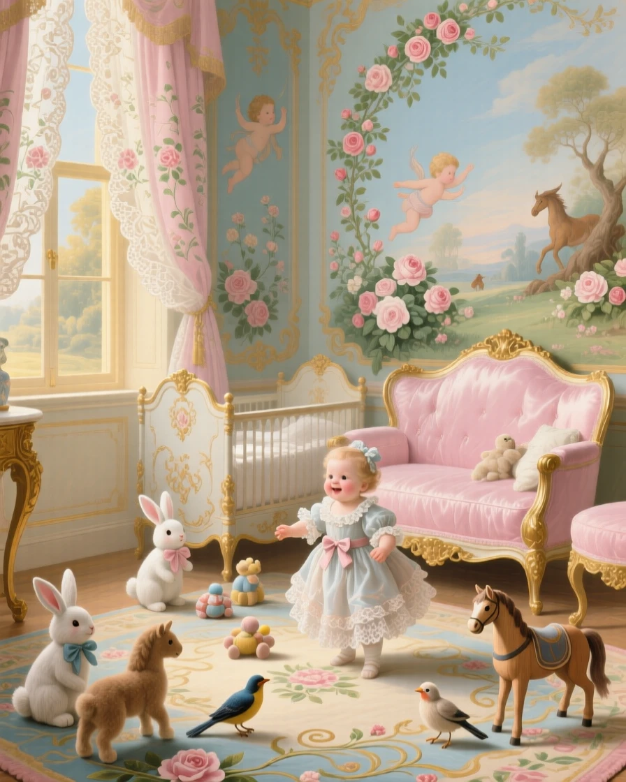 A royal nursery with painted walls, toy animals, and sunlight through lace curtains  