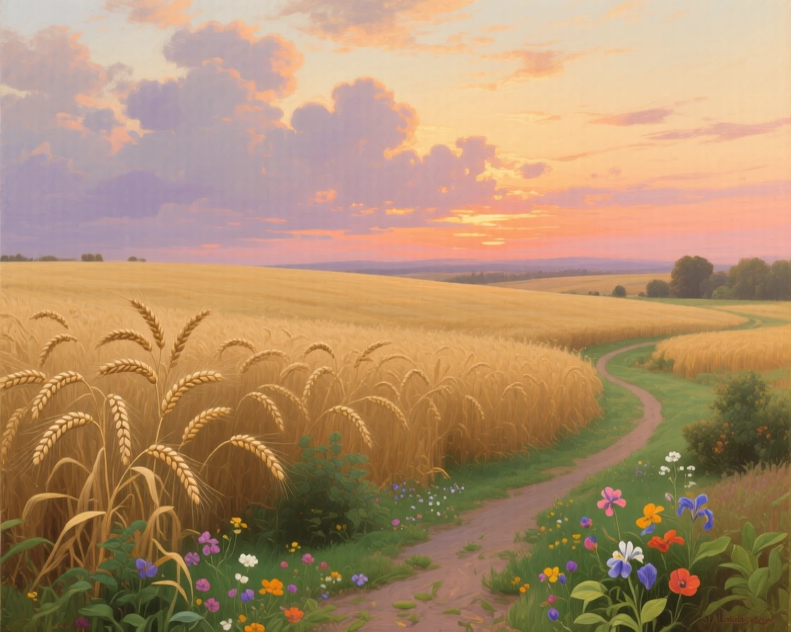 A field of golden wheat swaying beneath a dramatic sunset sky glowing under the last light of a fading afternoon, set within reach of a winding country path, with wildflowers scattered like scattered jewels across the green; a low horizon line gives dramatic weight to an expansive sky, radiating the serene majesty of untouched nature.