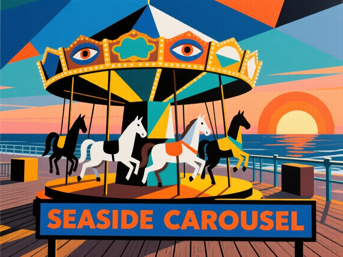 A vintage carousel spinning brightly at a seaside boardwalk at dusk.