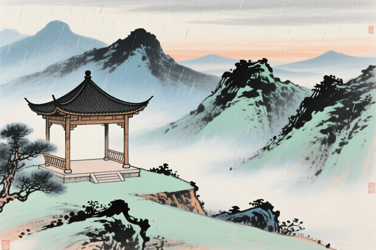 An empty pavilion overlooking mountains fading into evening haze, in the mild days of early winter, beneath a sky washed clean by rain.