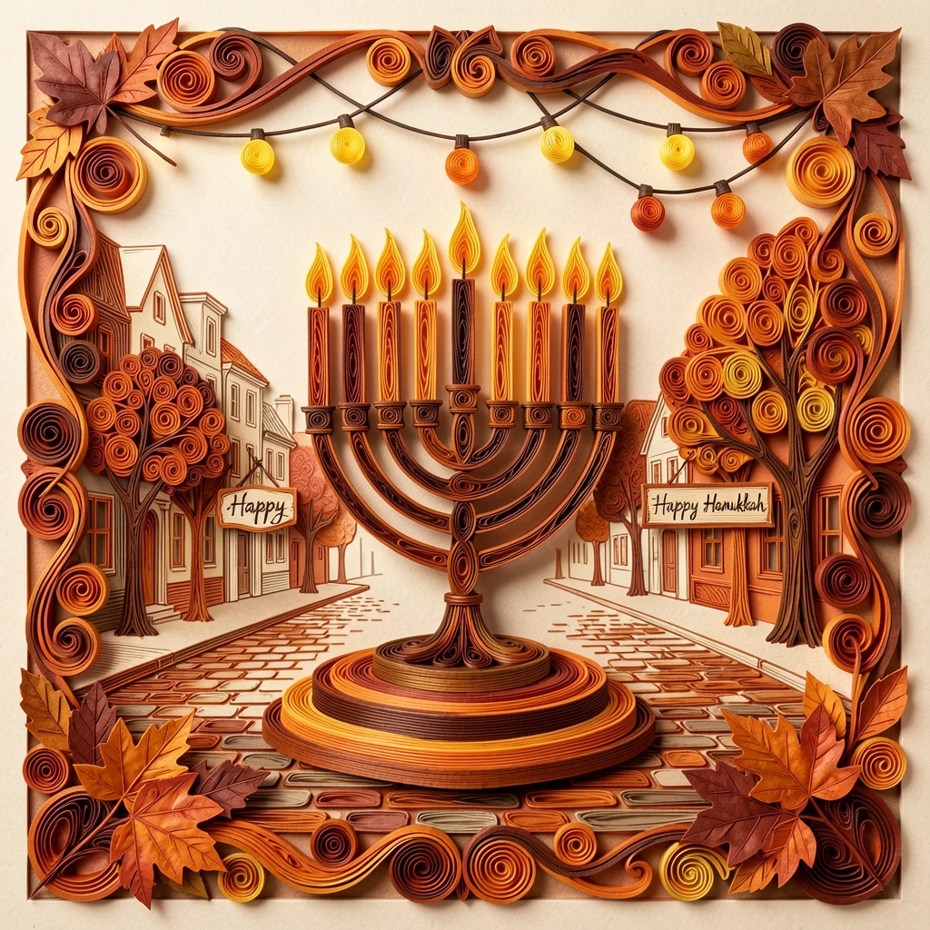 A festive holiday scene of a Hanukkah menorah glowing with lit candles in a town square strung with festive lights, in warm autumn tones of orange, rust, and brown, composed with rich layered foreground details.