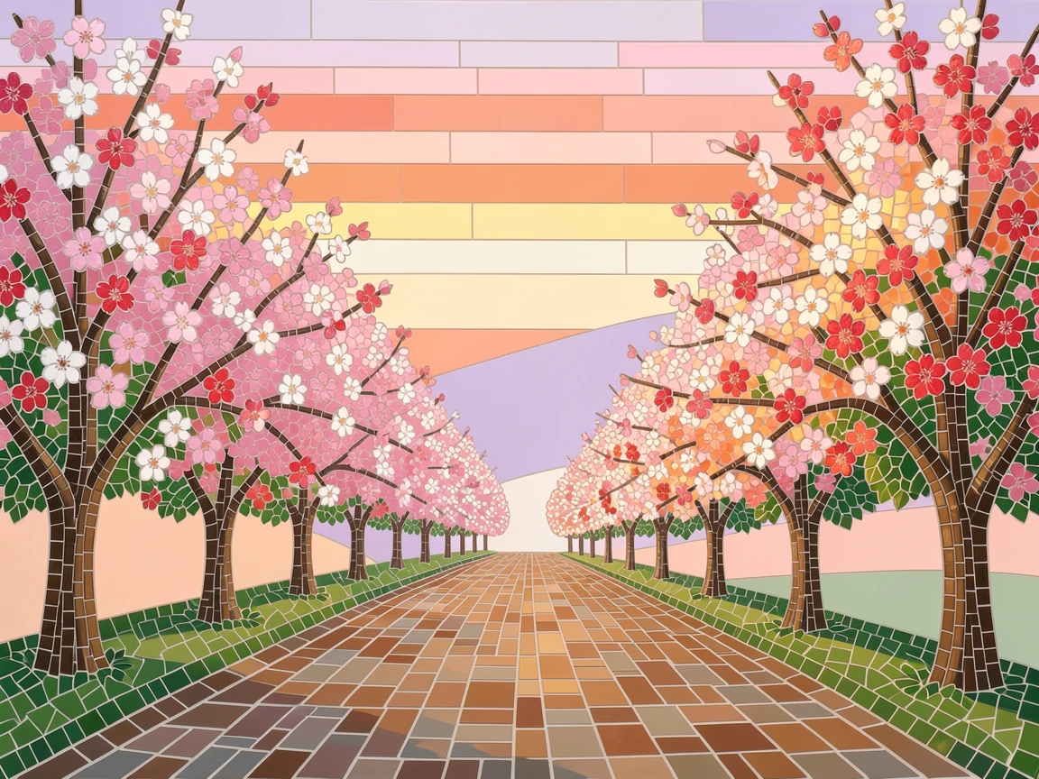 A quiet countryside road lined with blossoming cherry trees, beneath a sky painted in pastel sunrise hues.