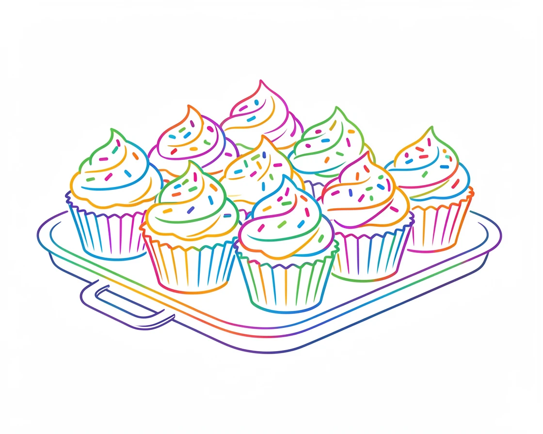 A tray of colorful cupcakes topped with swirled frosting and sprinkles.