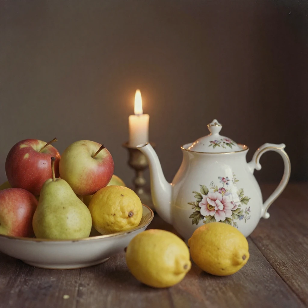 A bowl of ripe fruit beside an antique porcelain teapot, under flickering candlelight, as heat shimmers over the ground, in early spring, with a soft sepia-tinted glow, from a wide establishing view.