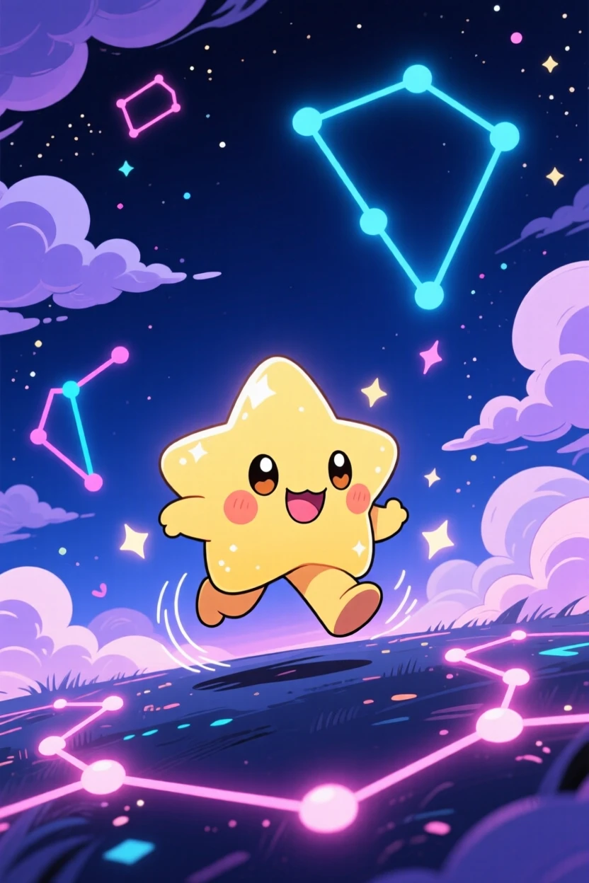 Wide establishing shot: a tiny star creature, hopping between constellations, set against a deep indigo night sky beneath fluffy drifting clouds, with neon-lit glow and a mood of playful mischief.