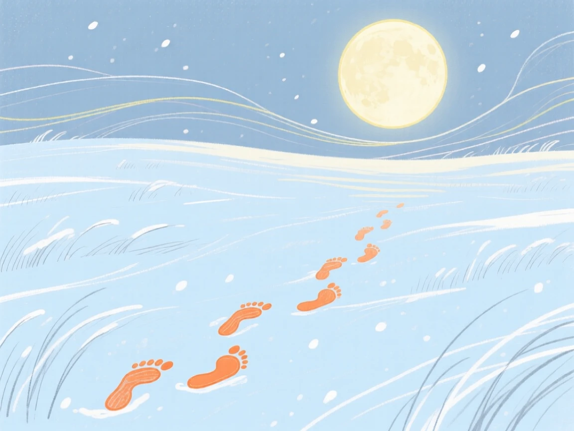 A moonlit snowy field with a single set of footprints.