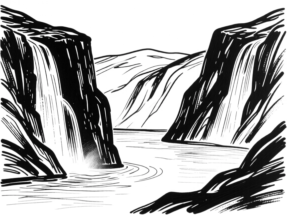 A quiet fjord surrounded by steep cliffs and cascading waterfalls.
